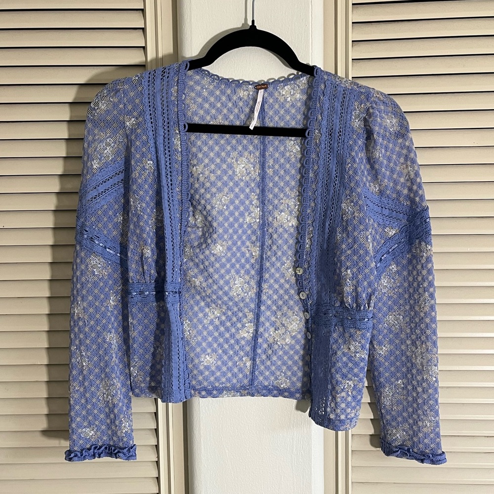 Free People Kika Blue Lacy Long Sleeve Blouse